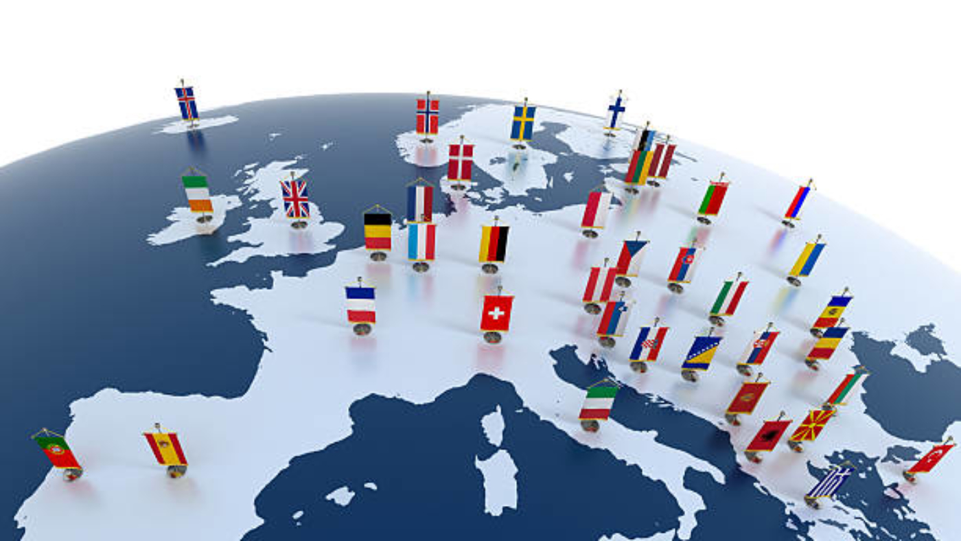 european countries 3d illustration - european continent marked with flags
